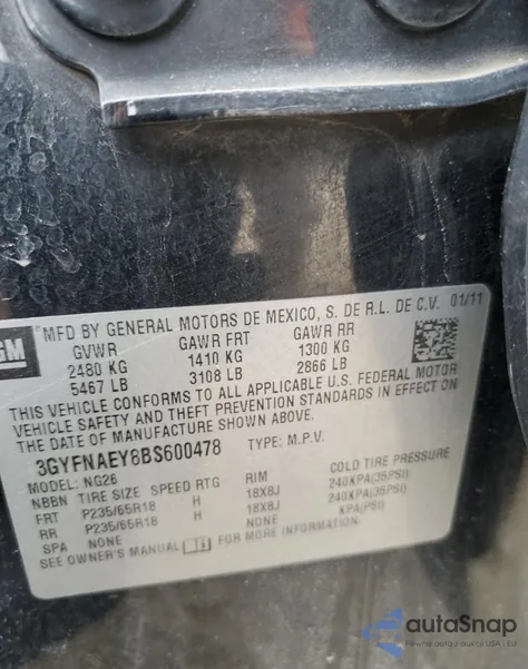 2011 Cadillac Srx Luxury Collection z USA, uszkodzony, nr VIN 3GYFNAEY8BS600478